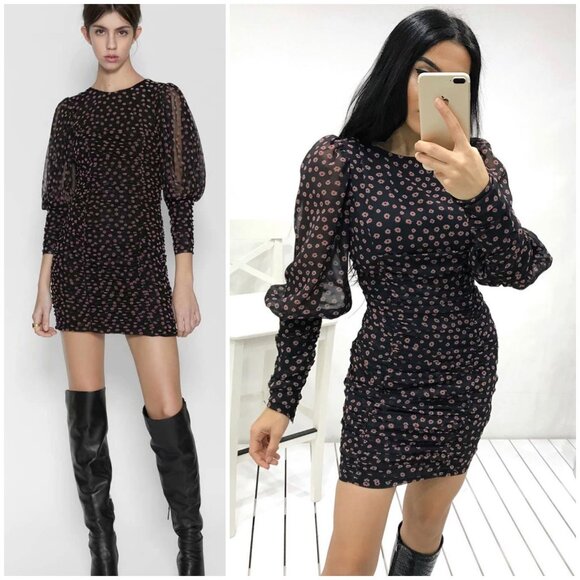 ZARA Mini Dress Bodycon Floral Puff Sleeve Sheer Ruched Stretch size S Cocktail - Picture 1 of 13